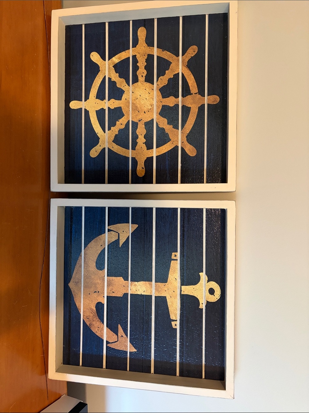 Nicole Navy and Gold Nautical Anchor & Ship Wheel Wall Art Set 14x14